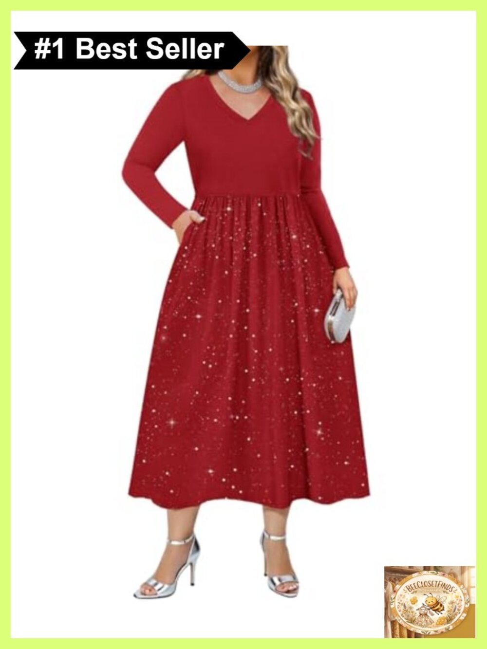 Plus Size V Neck Long Sleeve Sequin Hem Midi Dress with Pockets